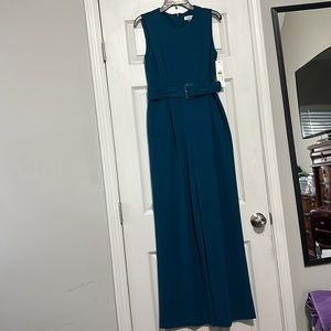 NWT Women $140 CALVIN KLEIN Solid Wide Leg Jumpsuit Belted Black SZ-4